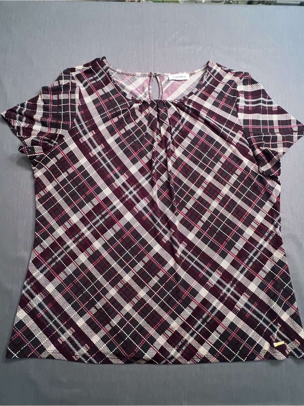 Calvin Klein Burgundy Plaid Short-Sleeve Blouse